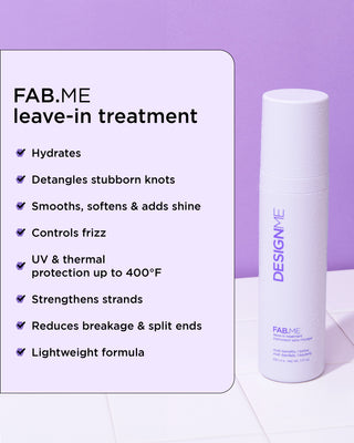 FAB.ME leave-in treatment hydrates, detangles, smooths, softens and adds shine, controls frizz, strengthens strands and more.