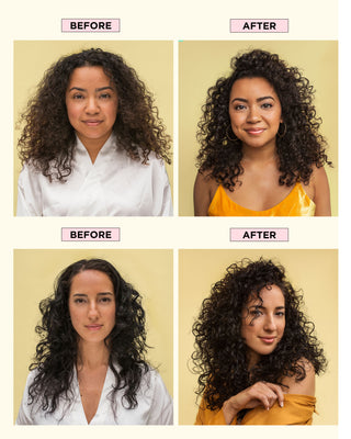 Before and after photos of models with wavy and curly hair using BOUNCE.ME Curl Balm for defined, hydrated curls.