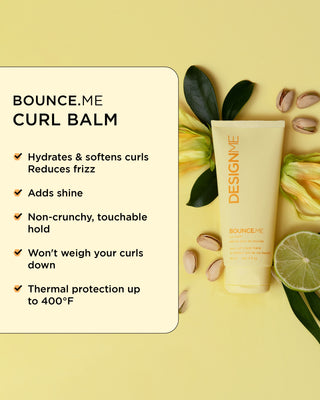 BOUNCE.ME curl balm hydrates, softens curls, reduces frizz, adds shine, non-crunchy hold, won't weigh curls down, and protects against heat up to 400 degrees.
