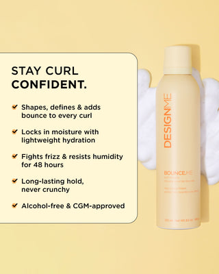 List of benefits of BOUNCE.ME curl mousse including curl definition, hydration, and frizz control for all waves, curls, and coils.