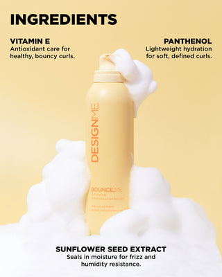 Highlighting the key ingredients found in BOUNCE.ME curl mousse such as Vitamin E, Panthenol and Sunflower Seed Extract