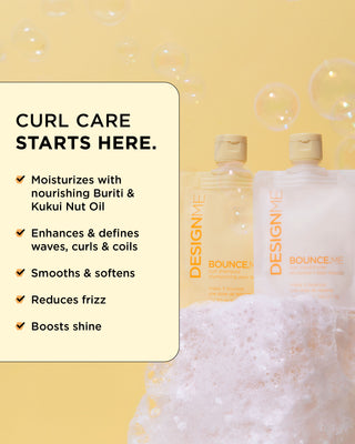 BOUNCE.ME Curl Shampoo & Conditioner Discovery Sizes with a list of key benefits