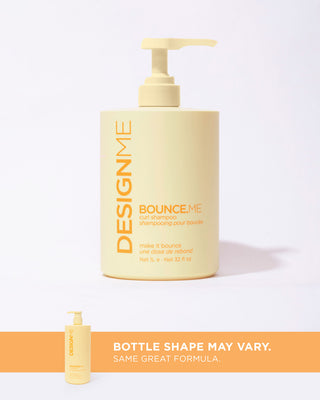 Front view of the BOUNCE.ME Curl Shampoo 1L bottle with a pump for easy use with callout bottle shape may vary. Same great formula.