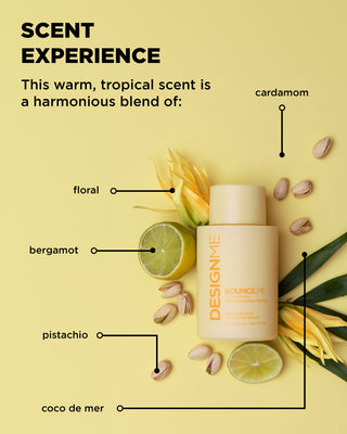 Scent cues for BOUNCE.ME Curl Shampoo with tropical and floral notes.