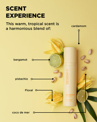 Scent cues for BOUNCE.ME Curl Spray Gel with tropical and floral notes.