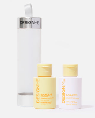 BOUNCE.ME shampoo & conditioner displayed outside packaging on a grey background.