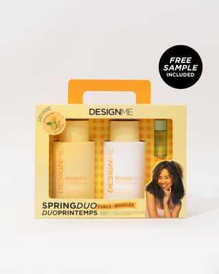 Spring duo for curls on a grey background with a bubble saying Free sample included