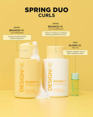 BOUNCE.ME Spring Duo for curls includes 300ml BOUNCE.ME curl shampoo, 300ml BOUNCE.ME curl conditioner and 10ml GLOSS.ME hair oil.