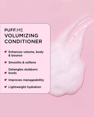 Close-up of PUFF.ME Volumizing Conditioner texture, showing a list of key benefits.