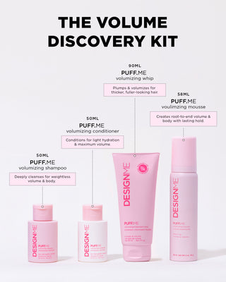 PUFF.ME Volumizing Mini Set: shampoo & conditioner (50ml), treatment whip (90ml), and mousse (58ml) for volume, strength, and softness.