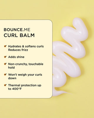 Close-up of BOUNCE.ME Curl Balm texture, showing a list of key benefits.