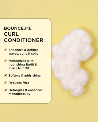 Close-up of BOUNCE.ME Curl Conditioner texture, showing a list of key benefits.