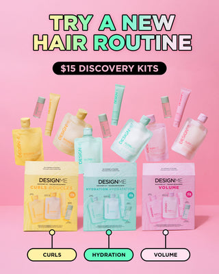 DESIGNME Discovery Kits collection featuring Curl, Volume, and Hydration kits with their matching hair care products displayed.