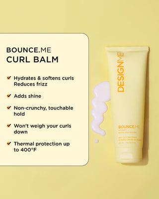 Close-up of BOUNCE.ME Curl Balm and its texture with a list of key benefits.