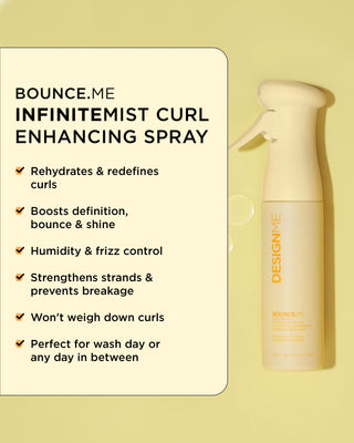 Close-up of BOUNCE.ME Curl Enhancer Mist and its texture with a list of key benefits.
