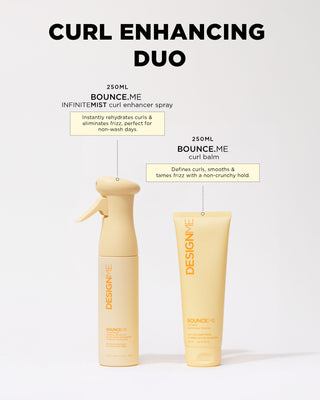 BOUNCE.ME Curl Enhancing Duo: balm (250ml), Enhancer Mist (250 ml) to define curls, hydrate, and boost shine.