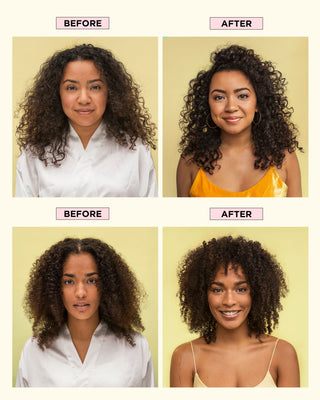 Before model on left with dull and flat curls. On the right is a bouncy, shiny curls after using Curl-defining signature kit.