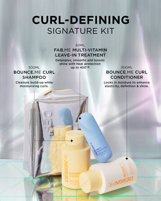 Inside the curl-defining signature kit is BOUNCE.ME curl shampoo and cleanse and moisturize curls. BOUNCE.ME curl conditioner to lock in moisture, enhance elasticity, define & shine. FAB.ME multi-vitamin leave-in treatment to detangle, smooth, boost shine and heat protection up to 450°F.