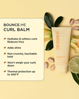 Travel-size BOUNCE.ME Curl Balm with a list of key benefits.