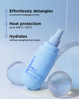 FAB.ME multi-vitamin leave-in treatment effortlessly detangles to prevent breakage & frizz, provides heat protection up to 450°F / 230°C. Hydrates without weighing hair down.