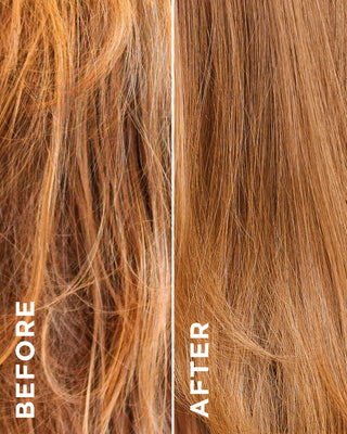 Dry, dull hair on the left. On the right is shiny, healthy, strong hair after using FAB.ME multi-vitamin leave-in treatment