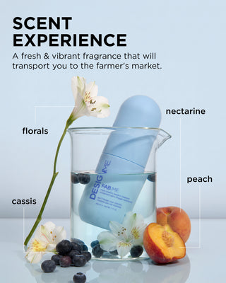 FAB.ME multi-vitamin leave-in treatment scent experience includes a fresh and vibrant scent of florals, nectarine, cassis and peach.