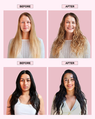 Fabulous Waves Duo before and after of models with dry, frizzy hair on left and wavy, silky hair on the right.