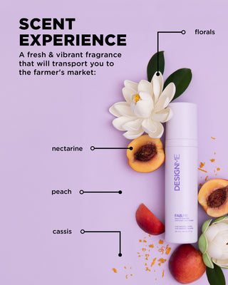 FAB.ME leave-in treatment scent experience is a fresh, vibrant fragrance including florals, nectarine, peach and cassis.