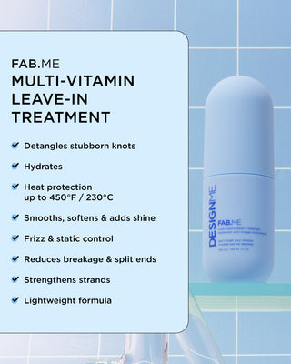FAB.ME multi-vitamin leave-in treatment detangles stubborn knots, hydrates, protects from heat, smooths, reduces breakage, strengthens strands and more.