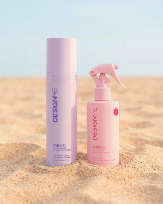 FAB.ME leave-in treatment and PUFF.ME sea salt spray on the beach.