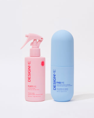PUFF.ME sea salt spray and FAB.ME multi-vitamin leave-in treatment on a grey background.