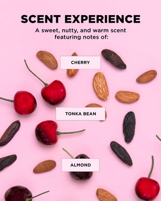 Scent cues for Full Volume Bundle with sweet nutty notes featuring cherry, almond and tonka bean