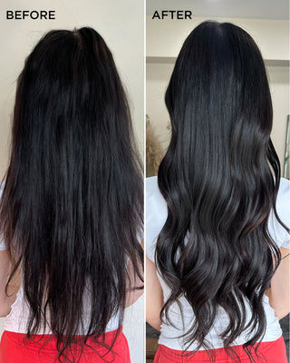 Before and after comparison of hair with gloss.me hair oil - after results show shiny, hydrated hair.