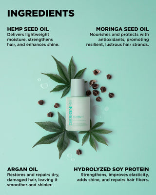 Key ingredients for GLOSS.ME Hair Oil, featuring hydrolyzed soy protein, hemp seed, moringa seed & argan oil.