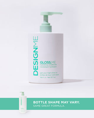Front view of the GLOSS.ME Hydrating Conditioner 1L bottle with a pump for easy use with callout bottle shape may vary. Same great formula.