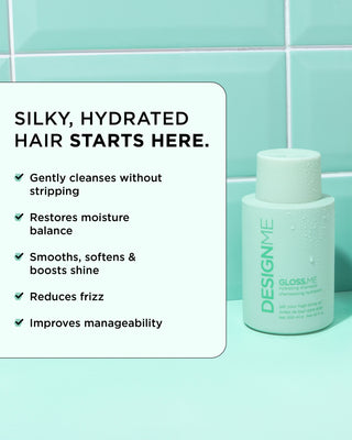 Image of the GLOSS.ME Hydrating Shampoo bottle with key benefits: hydration, shine, and softness.
