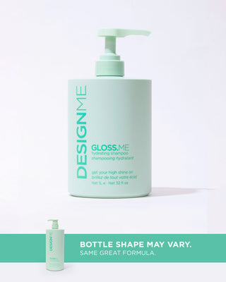 Front view of the GLOSS.ME Hydrating Shampoo 1L bottle with a pump for easy use with callout bottle shape may vary. Same great formula.