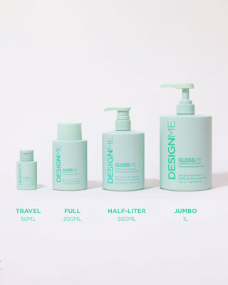 Image showing the four available formats of GLOSS.ME Hydrating Shampoo: travel size 50ml, full size 300ml, half-liter 500ml, and jumbo 1-liter bottles.