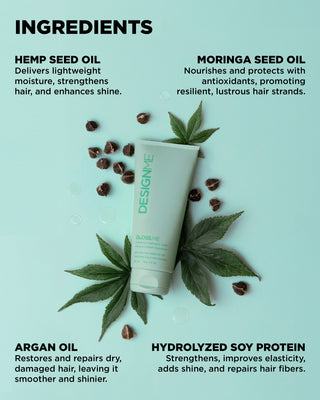 GLOSS.ME hydrating treatment mask ingredients include hemp seed oil, argan oil, moringa seed oil and hydrolyzed soy protein.