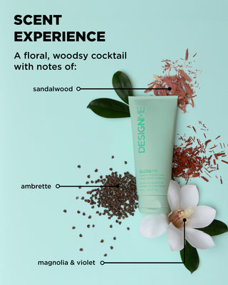 GLOSS.ME mask ornament scent experience includes notes of sandalwood, ambrette, magnolia and violet.