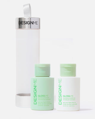 GLOSS.ME shampoo & conditioner displayed outside packaging on a grey background.