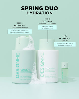 GLOSS.ME spring duo for hydration includes 300ml GLOSS.ME hydrating shampoo, 300ml GLOSS.ME hydrating conditioner, and 10ml GLOSS.ME hair oil.