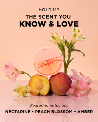 HOLD.ME hair and body fragrance mist features notes of nectarine, peach blossom, amber.