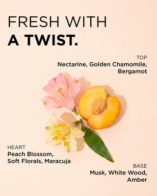HOLD.ME hair and body fragrance mist top notes include nectarine, golden chamomile, bergamot. Heart notes include peach blossom, soft florals, maracuja. Base notes include musk, white wood, amber.