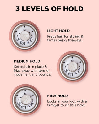 HOLD.ME Three-Way Hairspray showing adjustable nozzle with light, medium, and high hold settings.
