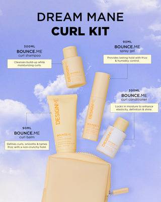 Dream Mane Curl Kit with product names, sizes and benefits on a blue sky background
