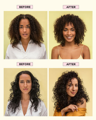 Model before and after using Hair in the Clouds Curl Kit. Flat, frizzy hair on the left. Bouncy, hydrated and defined curls on the right.