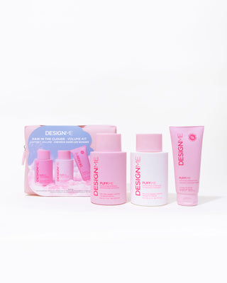 Front view of PUFF.ME Volumizing Holiday Hair Set, showing PUFF.ME volumizing shampoo, PUFF.ME volumizing conditioner, and PUFF.ME volumizing treatment whip. All packed in a reusable, water-resistant cosmetic pouch.
