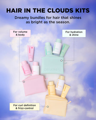 Image of all DESIGNME Holiday Sets including Hydration set, Volume set, and Curl Definition set.