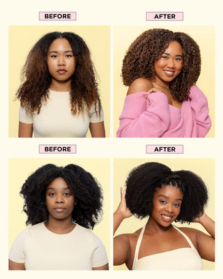 On the left is dry, frizz, flat curls. On the right is hydrated, defined and shiny curls after using the Hydrate & Define Curl bundle.